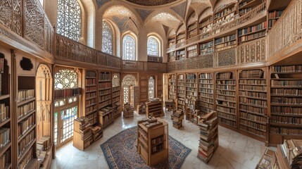 A beautiful library showcases impressive architecture and expansive book collections
