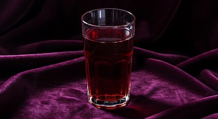 A glass of grape juice placed on a luxurious deep purple velvet cloth.