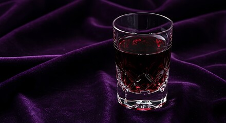 A glass of grape juice placed on a luxurious deep purple velvet cloth.