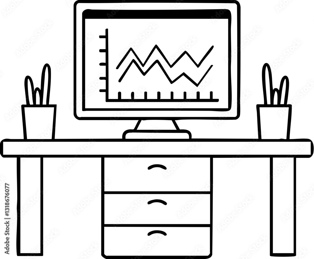Aufkleber a minimalist illustration of a desk with a computer displaying a graph, accompanied by two potted pl