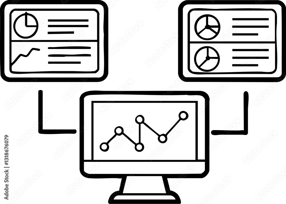 Poster a minimalist illustration of a computer with graphs and charts, representing data analysis and perfo