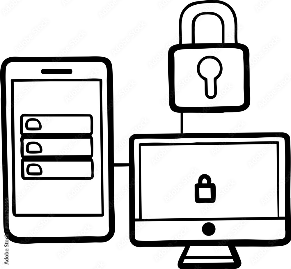 Poster a graphic illustrating a smartphone and a computer connected by a lock symbol, representing digital 