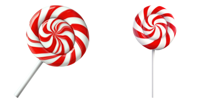 Red and white swirled lollipops on sticks, isolated on transparency background