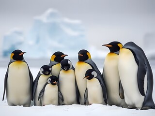 Obraz premium Majestic Emperor Penguin Family in Antarctica Adorable Birds, Wildlife, Nature Scene, Cold Climate, Conservation.