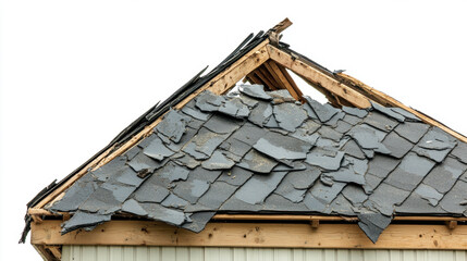 A damaged roof being repaired with visible home insurance, Isolated on pure white. Severe Weather Damage over House Roof.