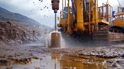 Heavy machinery in action, drilling for artesian well water, showcasing the intense process of water extraction and soil displacement.