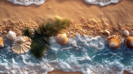A tropical, summer beach texture with golden sands, seashells, and palm leaves, inviting you to soak up the sun and surf of the seasonal paradise, seasonal escape ::2 sandy shores, ocean waves, 