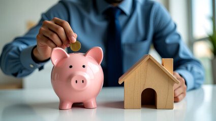 Family Savings Concept: Businessman Deposits Coin into Piggy Bank with Wooden House Model