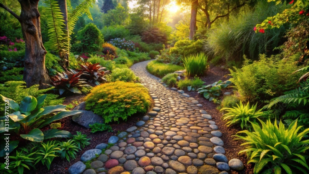 Aufkleber A winding cobblestone path meanders through a lush garden, bathed in the warm glow of the setting sun, illuminating the vibrant foliage and creating a serene and inviting atmosphere.