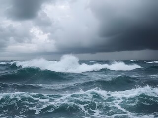 Dramatic stormy ocean waves crashing under a dark, cloudy sky, depicting turbulent weather conditions.
