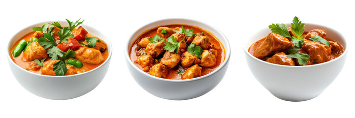 Three bowls of spicy curry dishes garnished with herbs