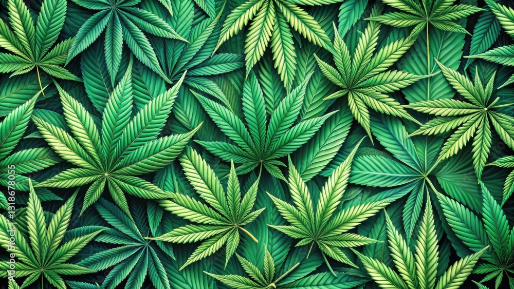 Poster a lush canopy of green marijuana leaves, intertwined and overlapping, creating a vibrant and texture