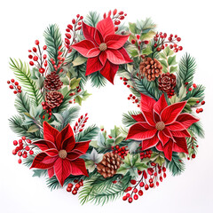 A painted Christmas wreath with poinsettia on white background.