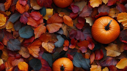 A vivid fall harvest scene with abundant pumpkins arranged in an artful pattern, leaves of various shapes and colors forming a textured carpet, warm sunlight casting a golden glow, celebrating 