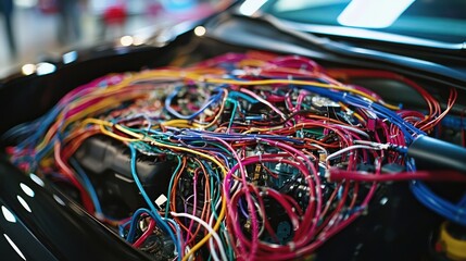 Intricate wiring harnesses vividly colored within a car's engine, showcasing the complex network that ensures operational efficiency.