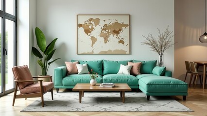 Modern teal sectional sofa with wooden coffee table and world map art in a bright living room