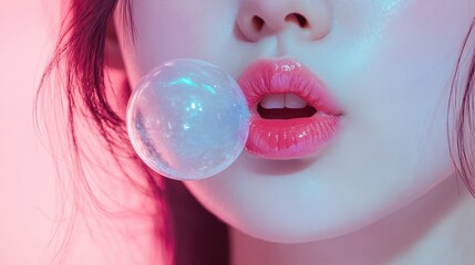 Naklejka premium Young woman blowing pink bubble gum in studio background,teenage girl,Tasty chewing gums,bubblegum,chewing dragees and bubblegum stripe flat illustration.