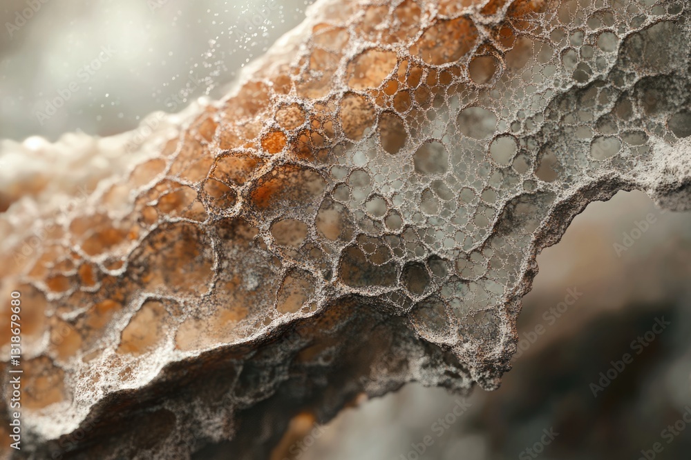 Poster close-up of a weathered honeycomb structure, showing intricate detail and texture.