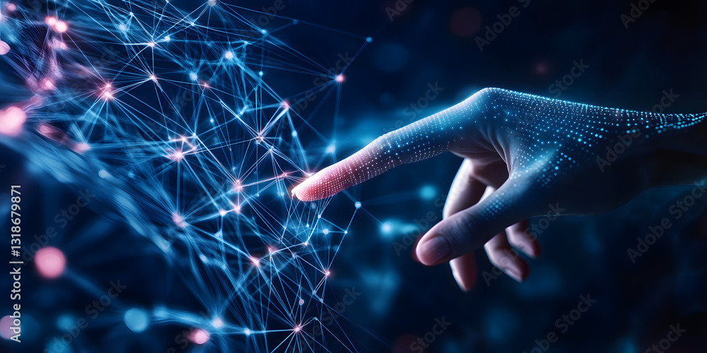 Poster ai, machine learning, hands of robot and human touching on big data network connection background, s