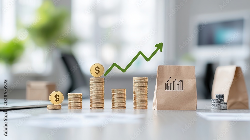 Poster comprehensive financial visualization depicting stacked columns of coins representing investment gro