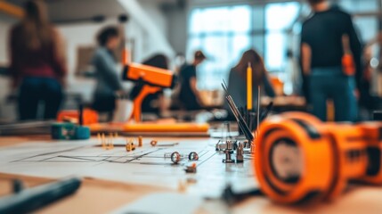 Workshop scene showcasing tools and materials with people collaborating in a creative space