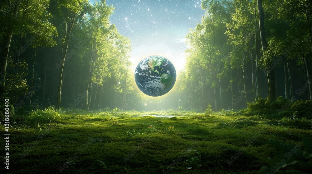 Poster ethereal celestial sphere floating amidst a lush verdant forest landscape creating a captivating and
