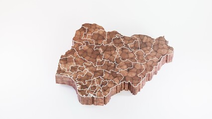 Realistic 3D map of Nigeria with detailed topography and borders. Perfect for geographic visualizations, educational materials, cartography, digital mapping, and location-based projects.