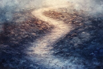 A winding path through a mystical, rocky landscape shrouded in mist, leading towards a bright light.