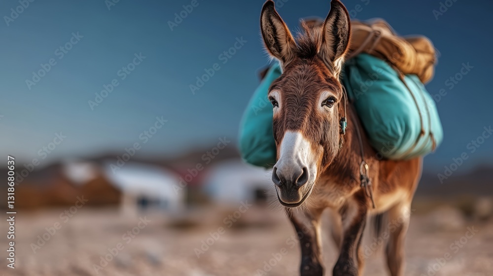 Poster donkey is standing in the desert with a blue backpack on its back. the donkey is looking at the came