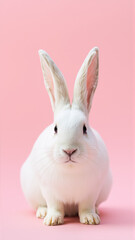 Fototapeta premium Cute white rabbit on isolated pink background