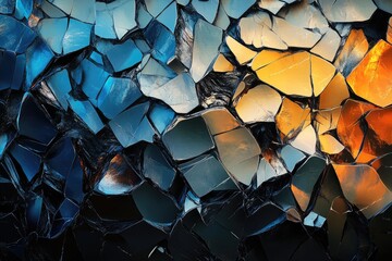 Abstract shattered glass with blue, gold, and dark tones creating a fragmented, textured surface.