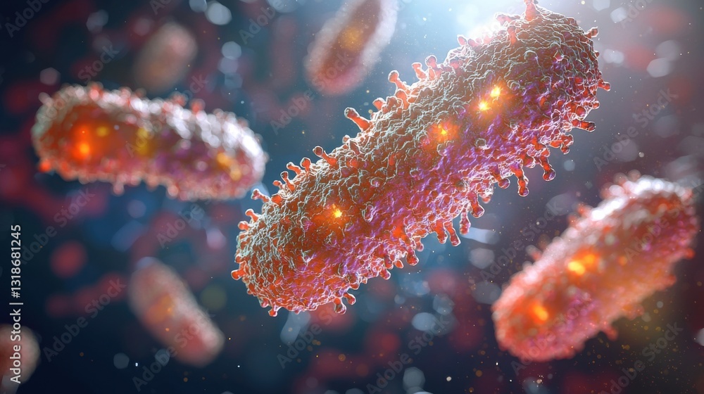 Poster scientific visualization of bacteria under a microscope showcasing intricate details and vibrant col