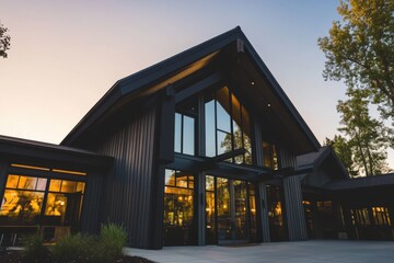 Obraz premium Modern architectural design of a wooden building during sunset in a serene landscape with large windows reflecting warm light