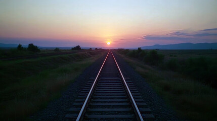 Obraz premium Sunset over railroad tracks in vast countryside landscape