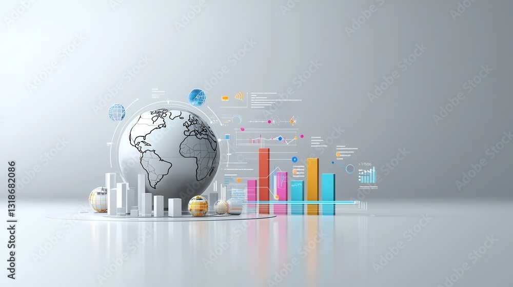 Poster cutting edge 3d rendered digital scene featuring global data visualization and analysis for business
