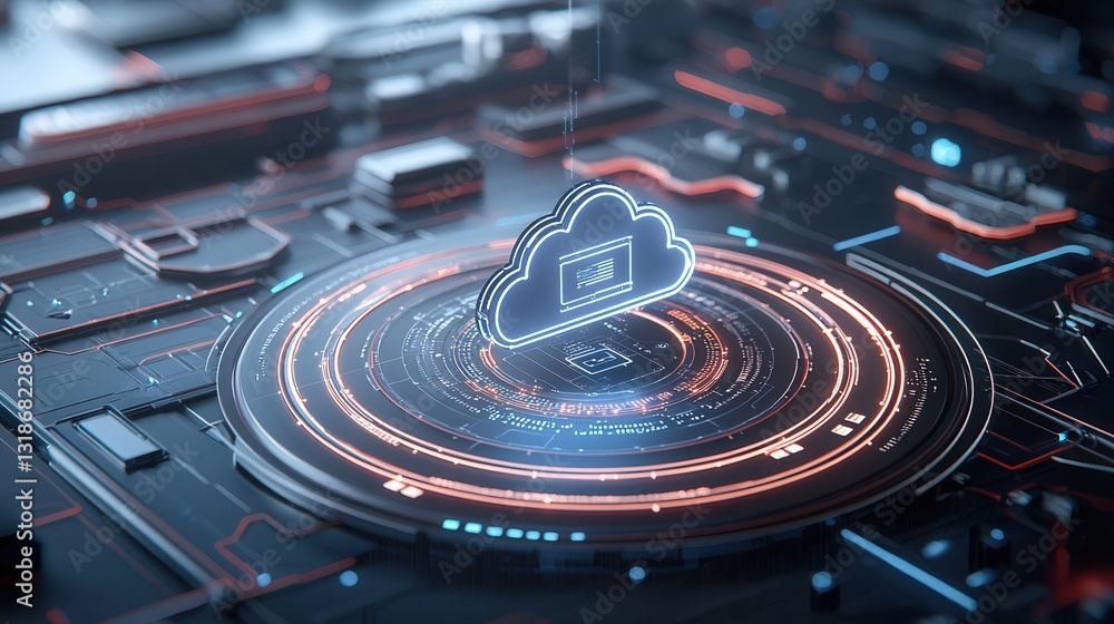 Poster glowing futuristic 3d rendered artwork depicting a cloud based digital ecosystem with advanced netwo