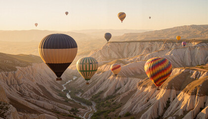 Obraz premium Colorful hot air balloons soaring over canyon landscape at sunrise, adventure