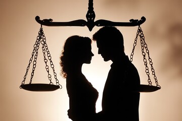 Silhouettes of a couple balanced against the backdrop of the scales of justice, depicting the harmony sought through family law.