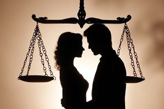 Silhouettes of a couple balanced against the backdrop of the scales of justice, depicting the harmony sought through family law.