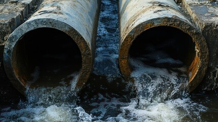 Sewer pipes with flowing water, captured in a way that emphasizes the essential infrastructure of urban sanitation.