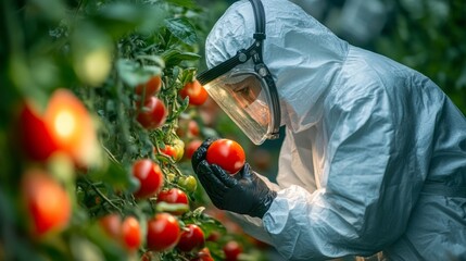 In a lush tomato farm, a diligent researcher, clad in protective gear, examines vibrant red tomatoes for pesticide residues. This crucial task ensures food safety