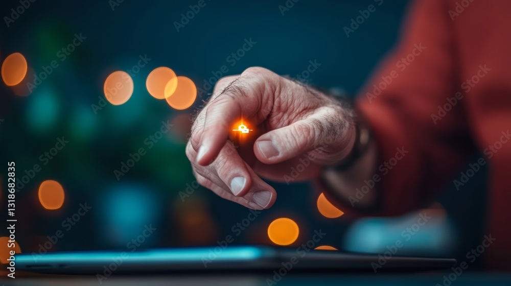 Poster man is pointing at a small glowing object on a tablet. concept of curiosity and wonder as the man's 