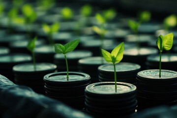 Stacks of coins sprouting green plants, visually representing financial growth through sustainable investments.