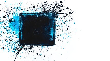 Abstract Art Featuring Black Square Surrounded by Blue Paint Splashes on White Background