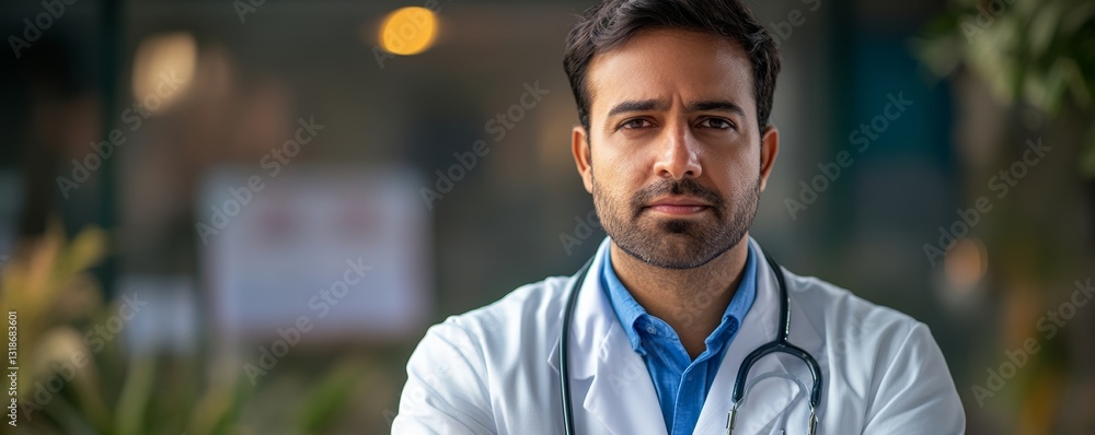 Poster man in a white lab coat is standing in front of a building. he is looking at the camera with a serio