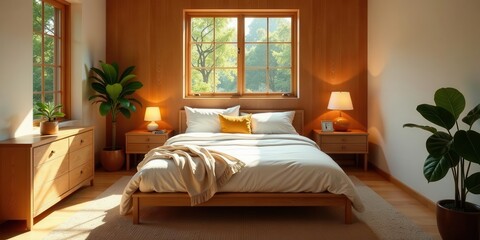 Serene Bedroom Sanctuary Sunlight Streaming Through Window, Illuminating Minimalist Wooden Furniture and Lush Greenery