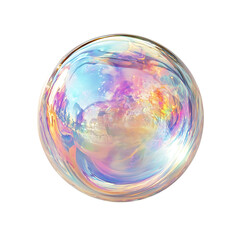 Translucent soap bubble reflecting swirling iridescent rainbow colors isolated on a bright transparent background for texture.