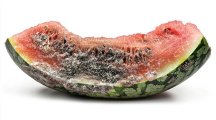 watermelon with visible mold spots, isolated on white background. mold on half of watermelon. mold on skin. Rotten watermelon. Bad conditions of preservation. Close up, Spoiled food. Fungus illness.
