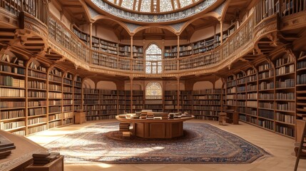 Obraz premium Beautiful wooden library featuring numerous bookshelves and a large reading room