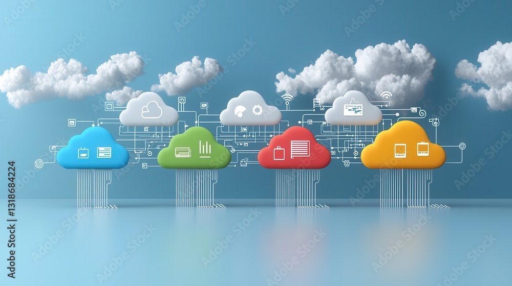 Poster dynamic 3d rendered depicting the interconnected world of cloud computing digital technology and dat